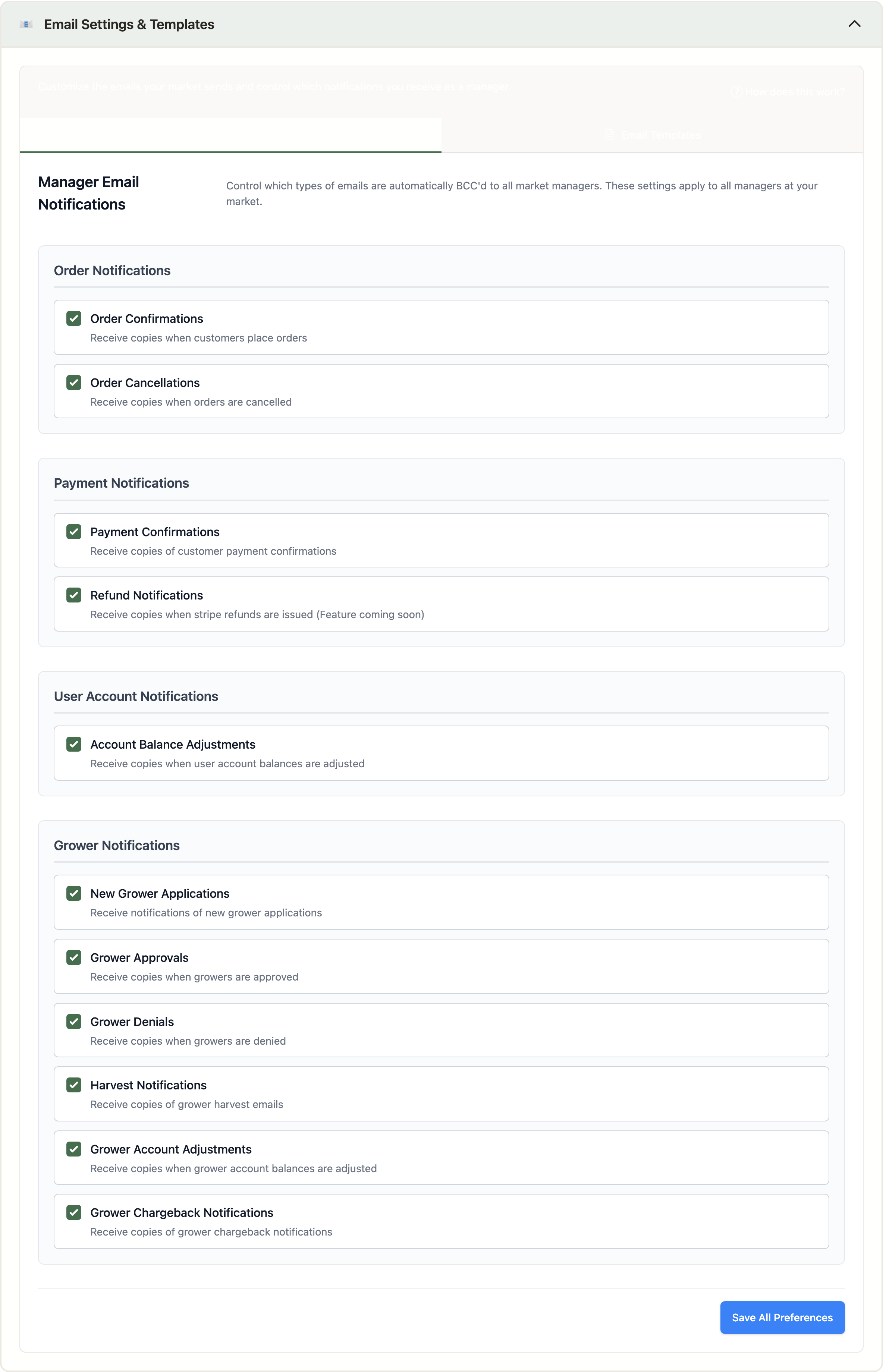 The Email Settings & Templates section: checkboxes grouped into Order, Payment, User Account, and Grower notification categories, with an Email Templates tab alongside.