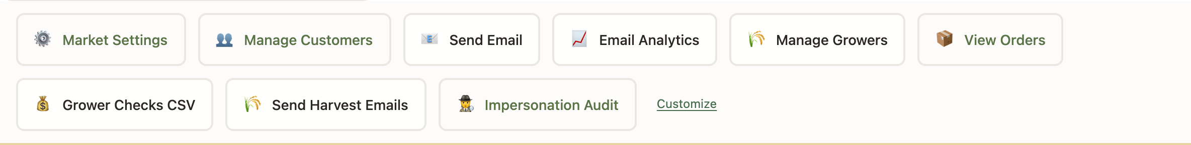 The Quick Actions bar on the admin page: a row of shortcut buttons with a Customize button at the end.