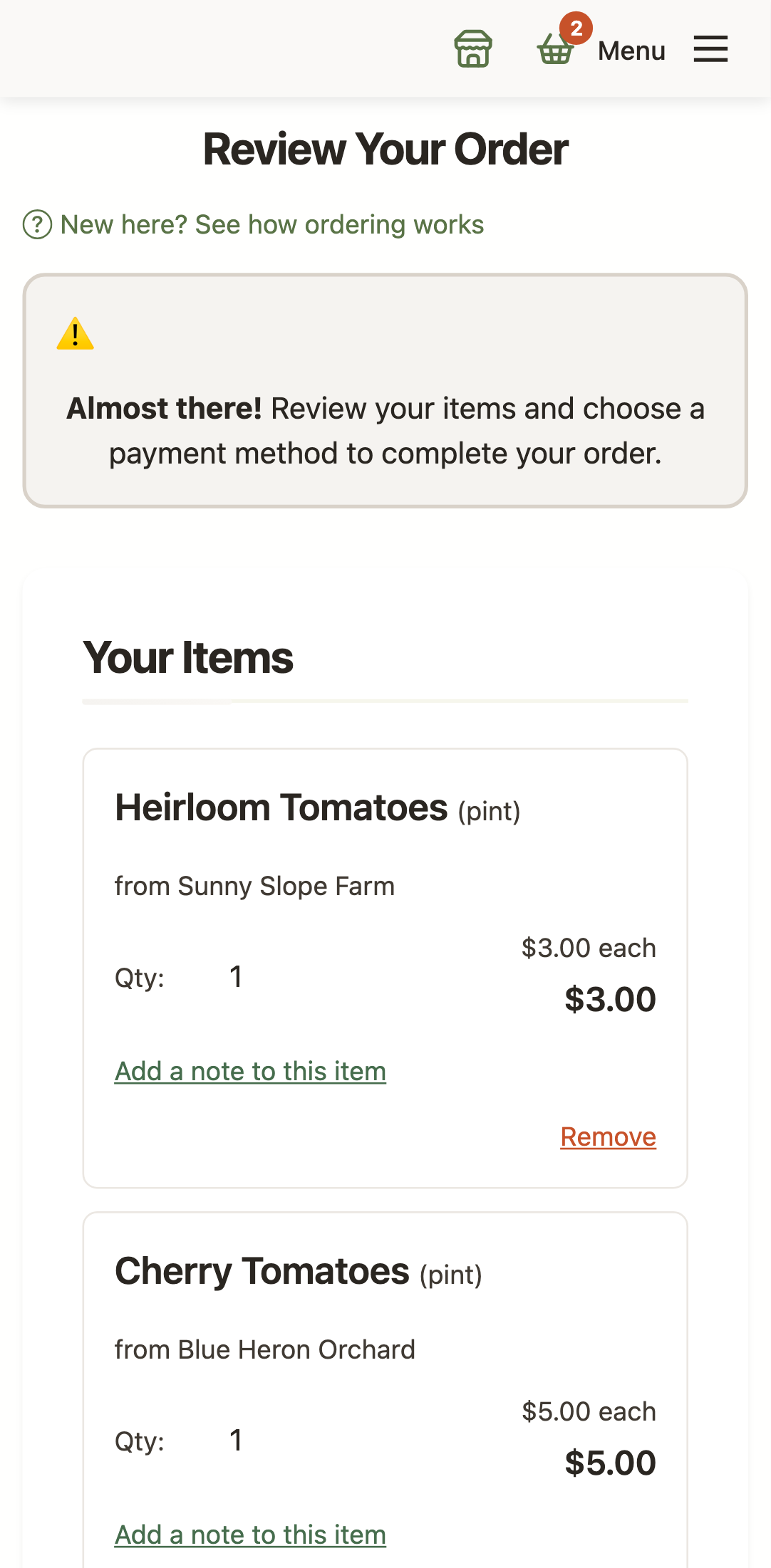 The same Review Your Order page on a phone, with items and the total stacked vertically.