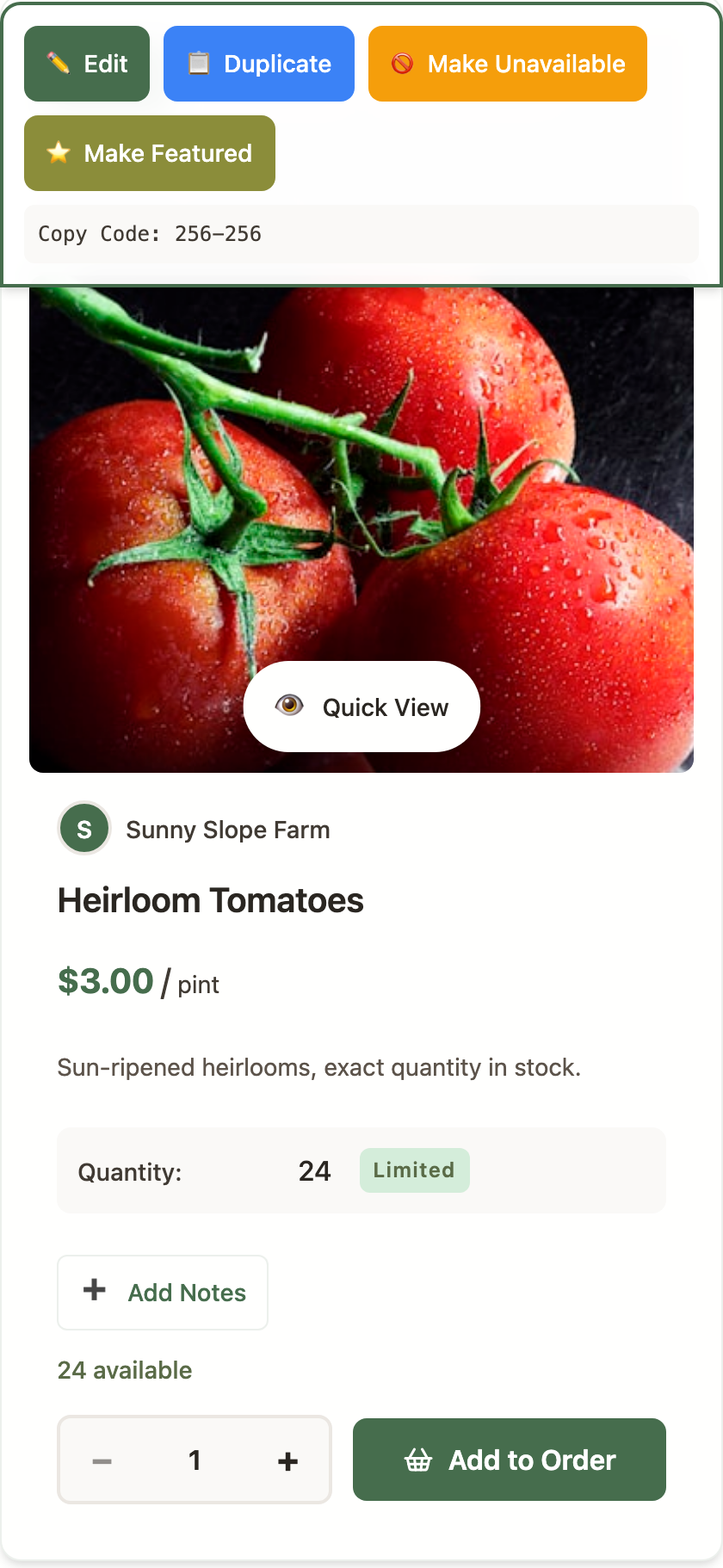 A product card in Edit Mode with the management toolbar above it: Edit, Duplicate, Make Unavailable, and Make Featured buttons, plus the product's copy code.
