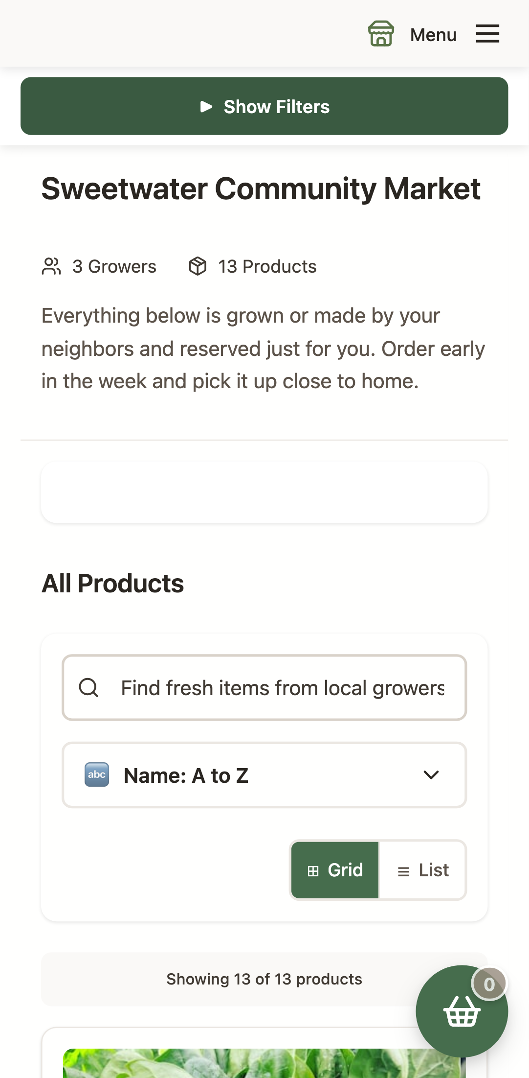 The same market shop page on a phone: the search box, sort control, and product cards stack into a single column.
