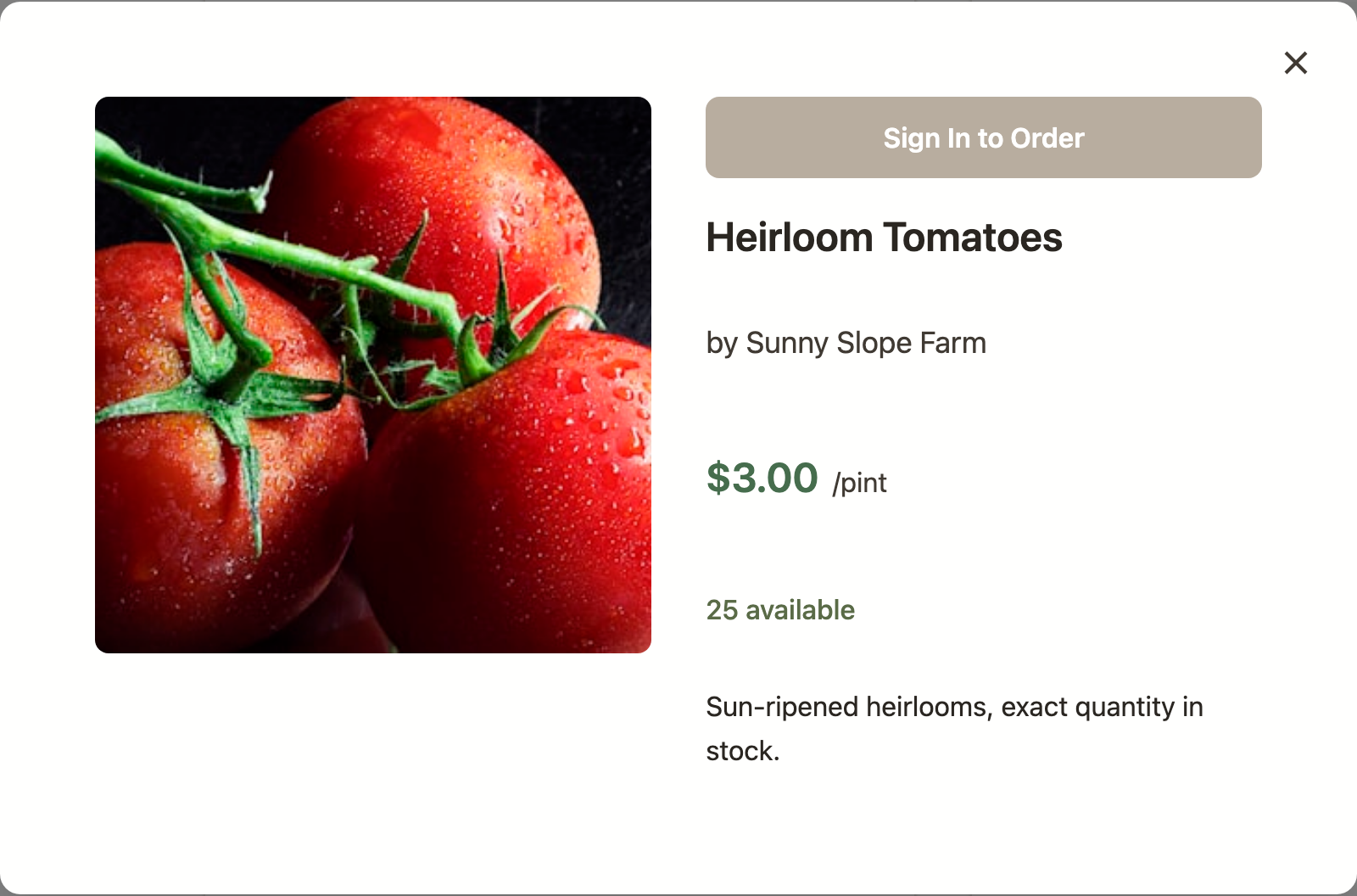 The product quick-view window: the product name, grower, price per unit, description, quantity remaining, and an Add to Order button.